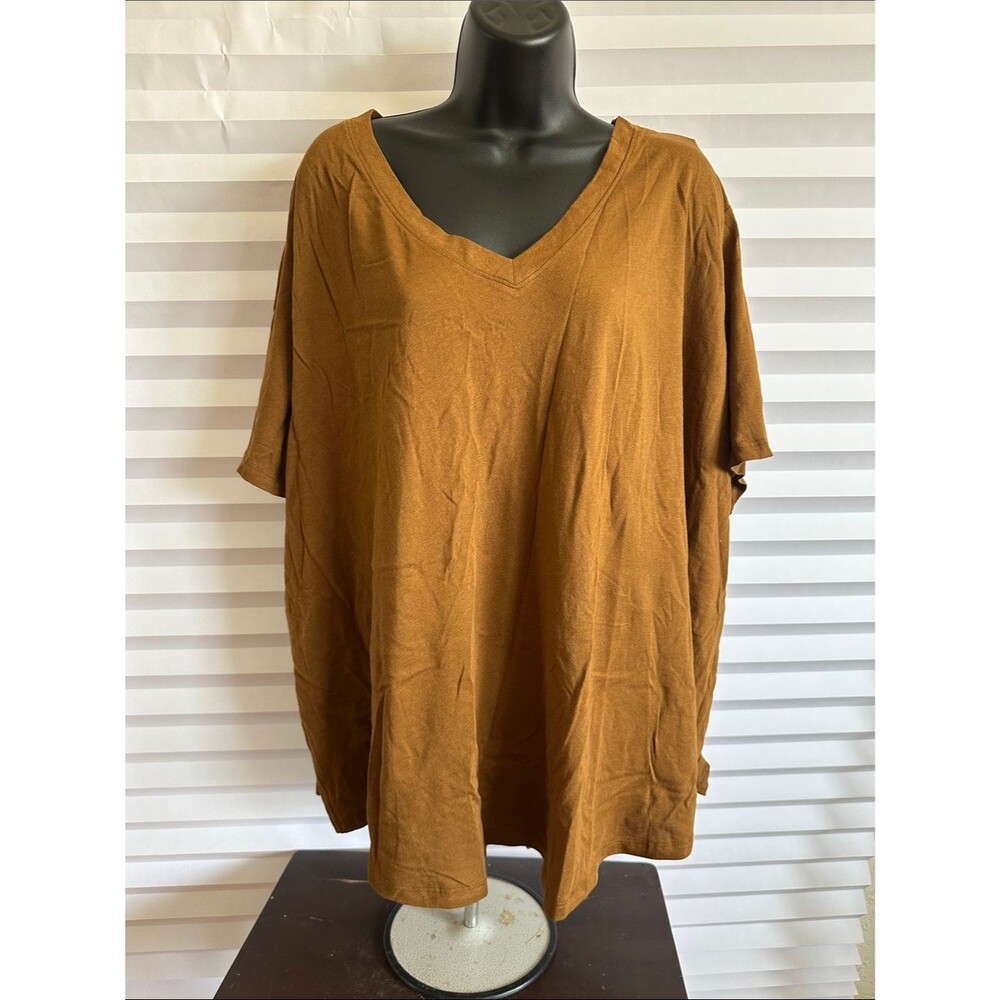 Terra & Sky Women's Brown V-Neck T-Shirt Short Sleeve Casual Tee Size 4X